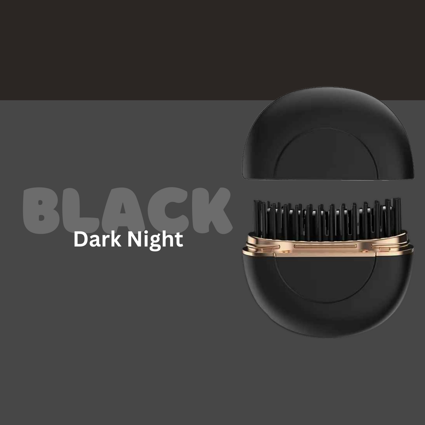 Odyner™ Compact Hair Styler in sleek black design with a gold accent and brush bristles, labeled "Dark Night."