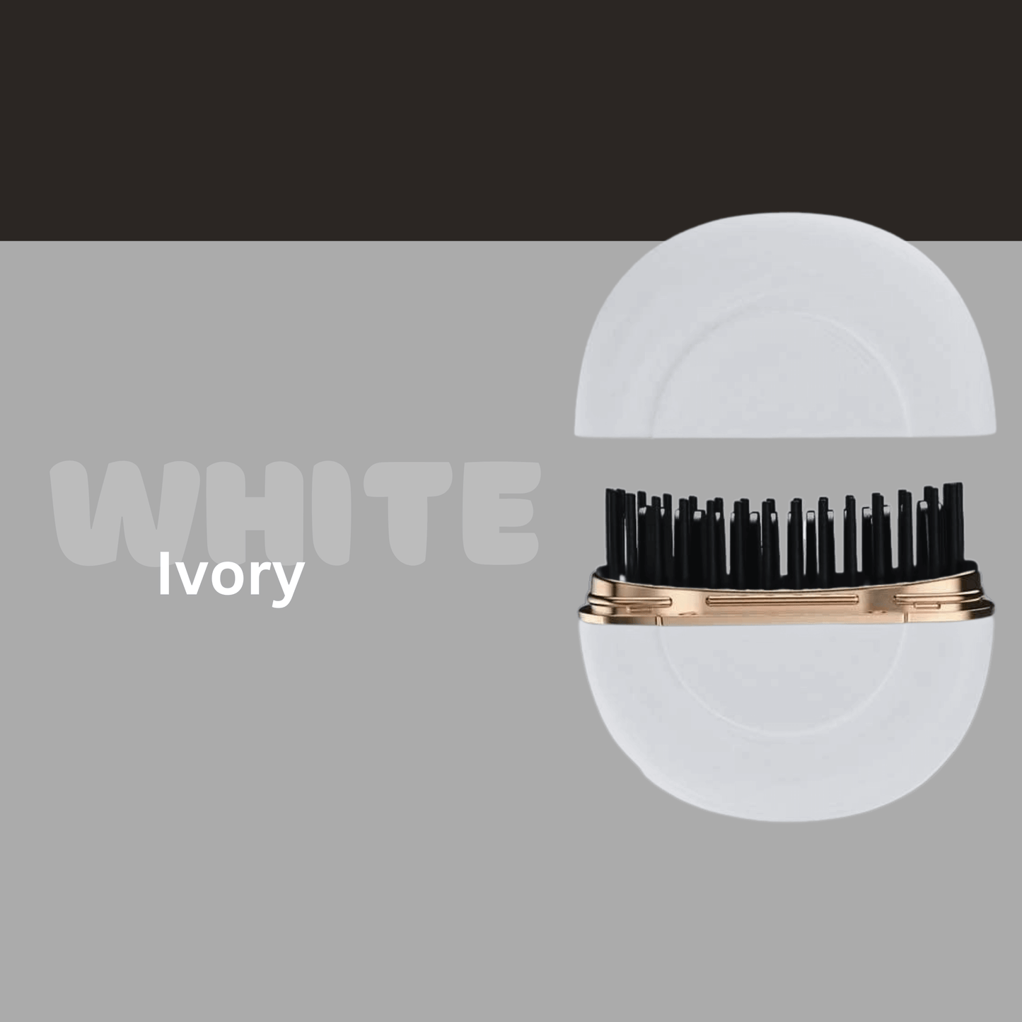Close-up of the Odyner™ compact hair styler in ivory with black bristles, showcasing innovative design and colors.