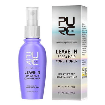 PURC® Leave-In Conditioning Hair Spray in a purple bottle, ideal for strengthening and repairing all hair types.