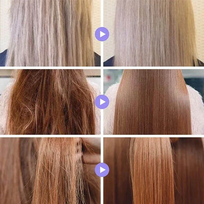 Before and after results of hair using PURC® Leave-In Conditioning Hair Spray, showcasing smooth and shiny transformations.