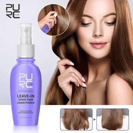 PURC® Leave-In Conditioning Hair Spray in a sleek bottle, promoting strong, healthy, and manageable hair.