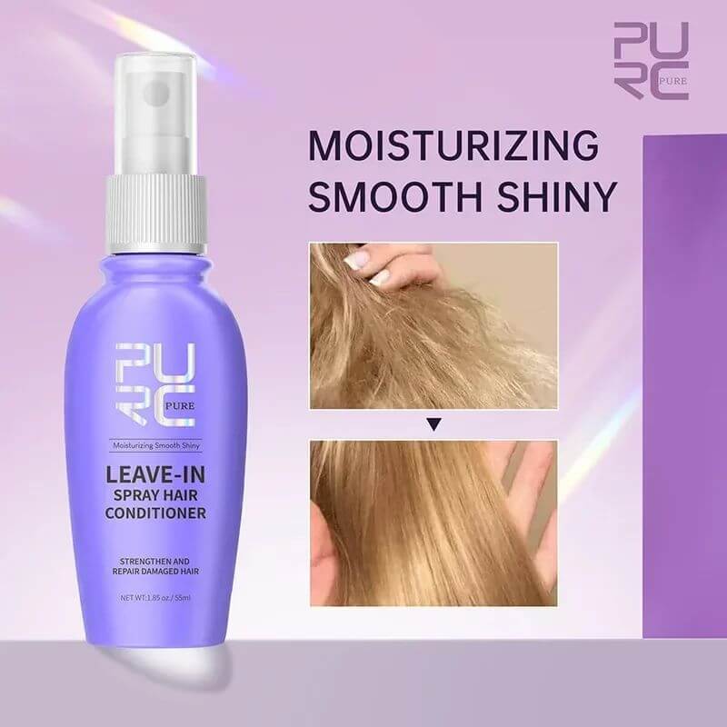 PURC Leave-In Conditioning Hair Spray for moisturizing, smooth, and shiny hair, perfect for strengthening and repairing damage.